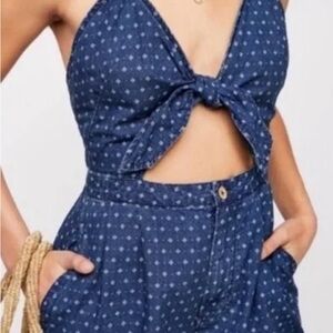Free People Indigo Blue Printed Tie-Front Cutout Jumpsuit